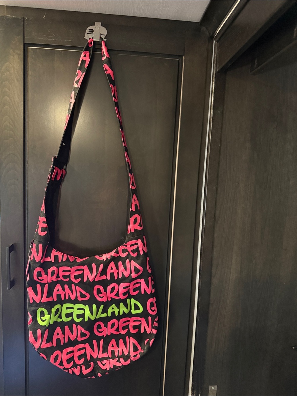 Robin Ruth Black Shoulder Bag with Pink Script and Neon Green Accent